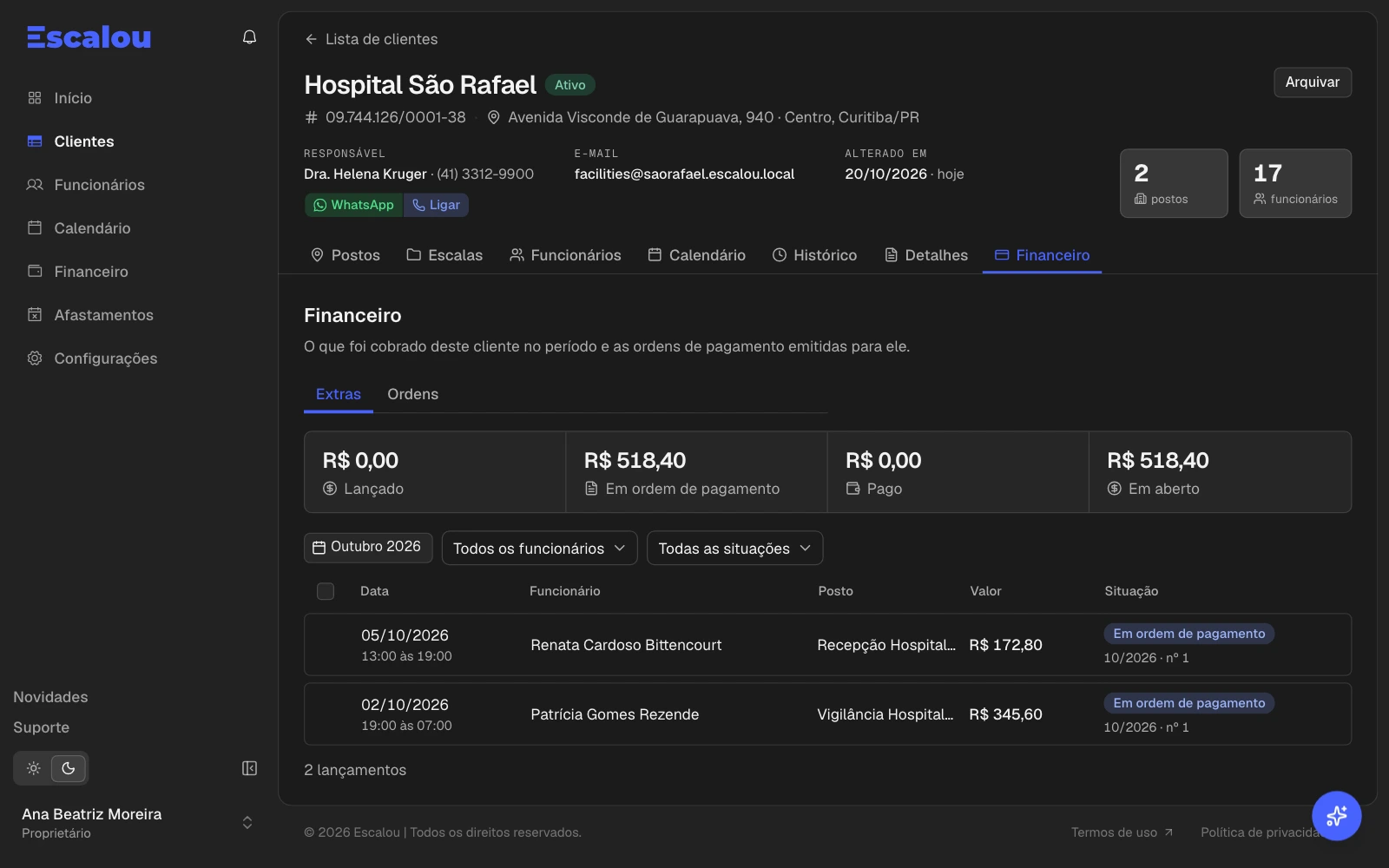 O financeiro de um cliente, com os extras cobrados e as ordens de pagamento