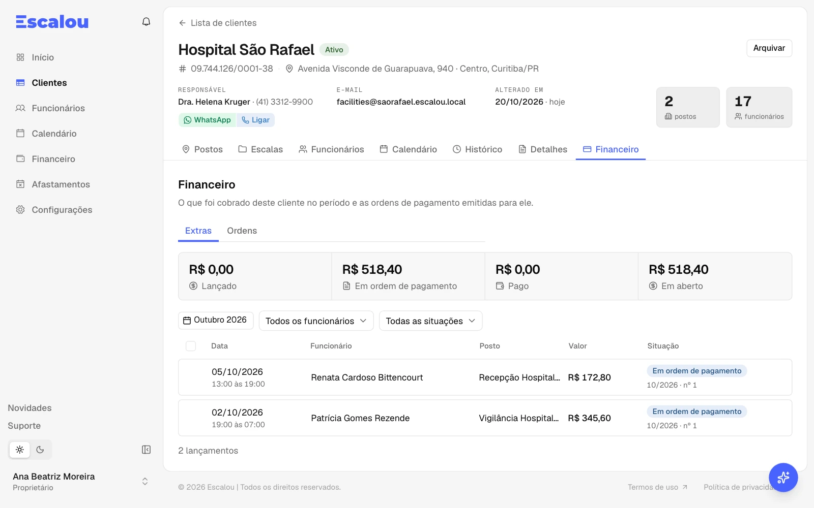 O financeiro de um cliente, com os extras cobrados e as ordens de pagamento
